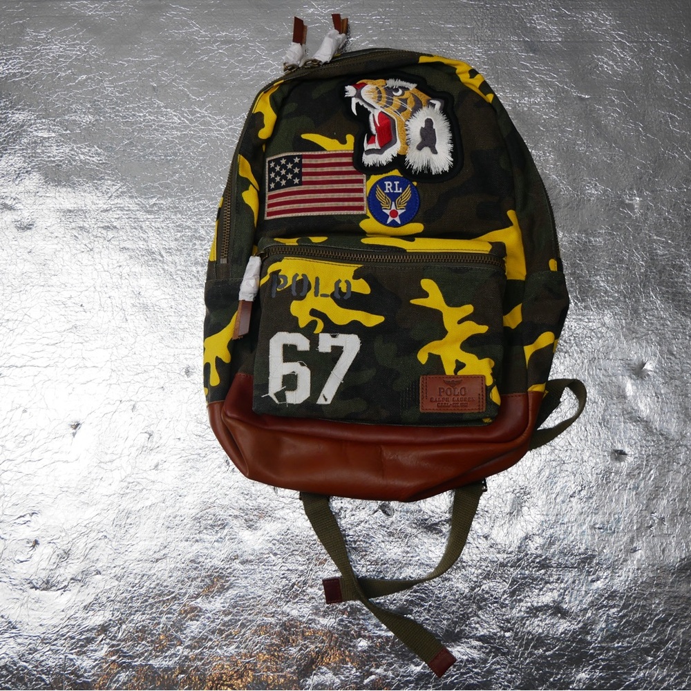 Polo Ralph Lauren Camouflage Yellow Tiger USA Flag Patch Travel Backpack Size OS